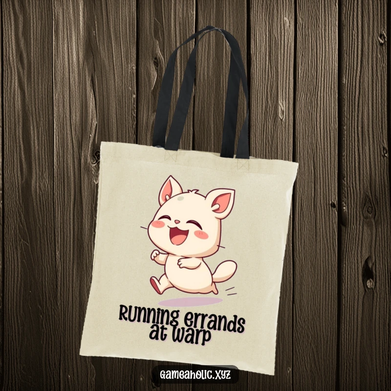 Funny tote bag featuring a small, joyful creature laughing while moving at high speed, perfect for carrying essentials with a smile.