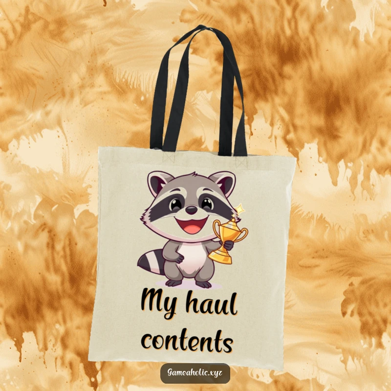 Funny raccoon with a wide grin holding a sparkling trophy, graphic tote bag, perfect for shoppers.