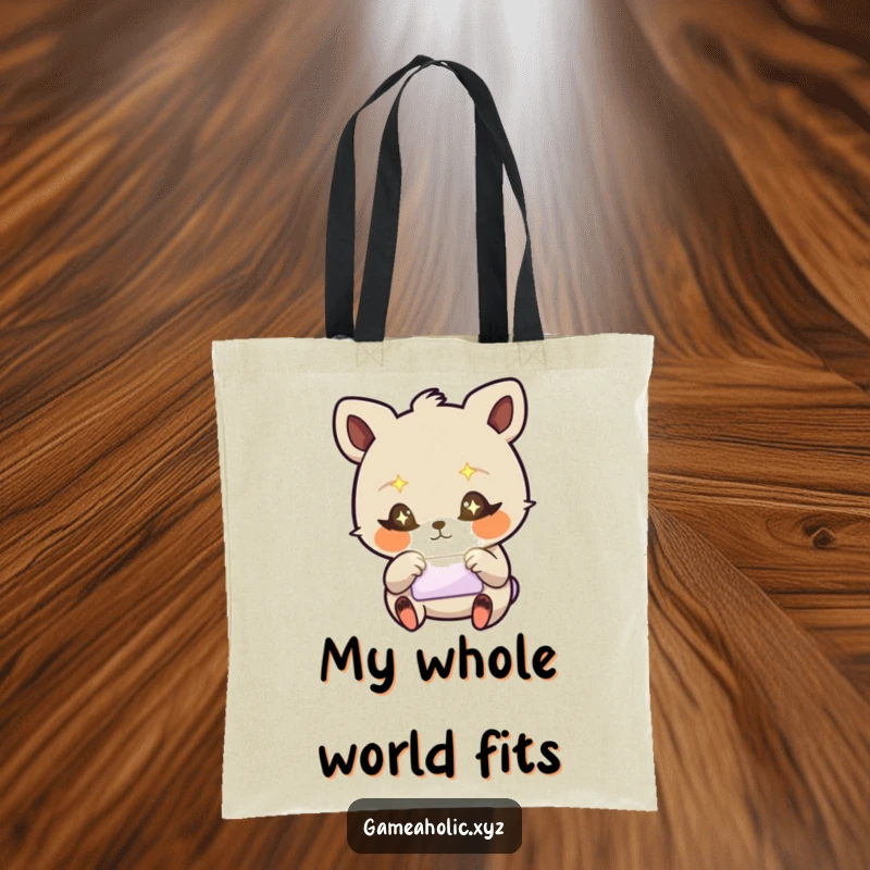 Funny tote bag with a stylized animal, starry eyes, frantically tapping a glowing screen, perfect for daily use.