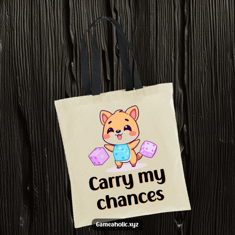 Funny Tote Bag: An animal character is depicted in the act of juggling three bright, glowing digital dice, symbolizing chance.