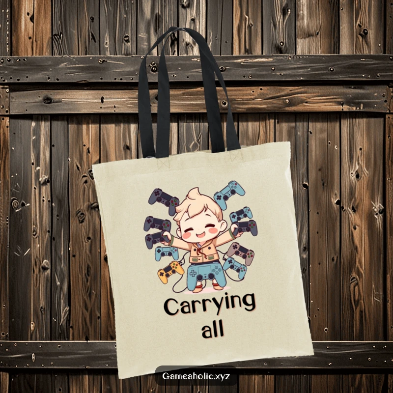 Funny Tote Bag: Character juggling numerous game controllers with a goofy grin, a stylish gamer accessory.