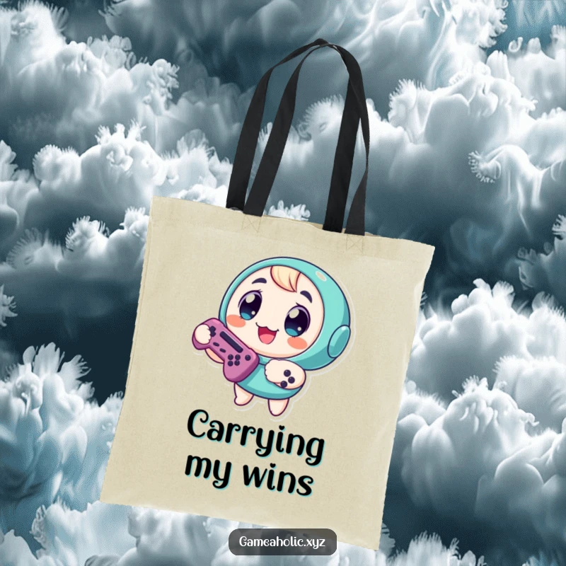 Funny Tote Bag: Round character with large, ecstatic eyes, holding a game controller, a stylish gamer accessory.