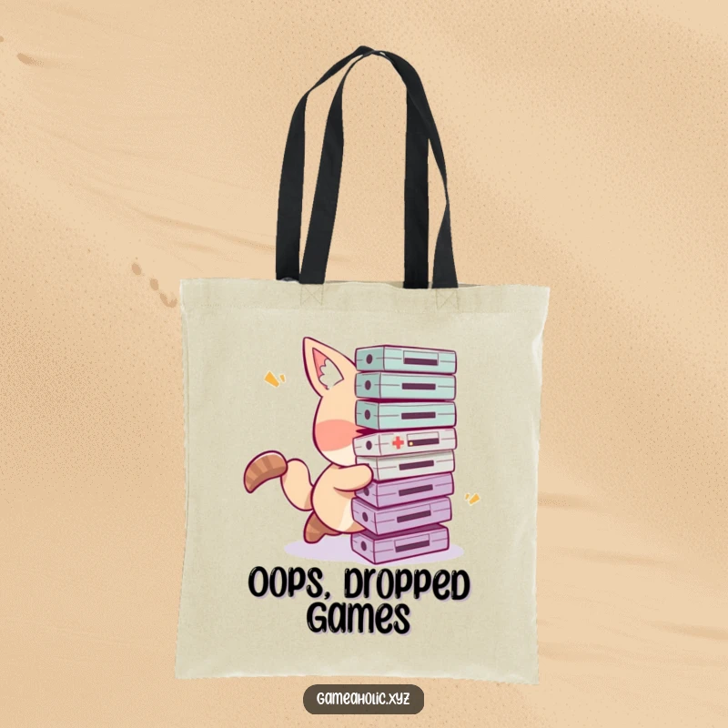 Funny tripping gamer tote bag depicting a clumsy animal character comically stumbling with a precarious stack of game cartridges.