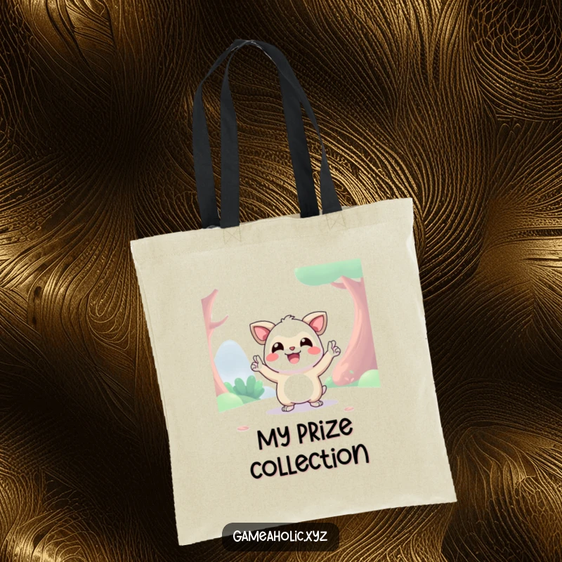 Funny happy creature in a digital world striking a victory pose, graphic tote bag, celebrating success.