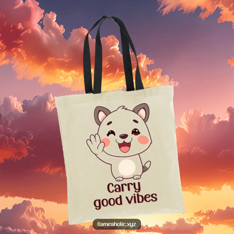 Funny animal character tote bag, with a cheerful smile, offering a virtual high-five, perfect for errands.