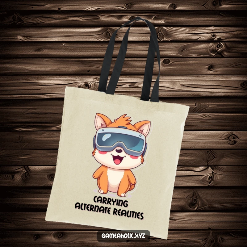 Funny happy animal character with oversized VR goggles, a cute and functional tote bag for tech enthusiasts.