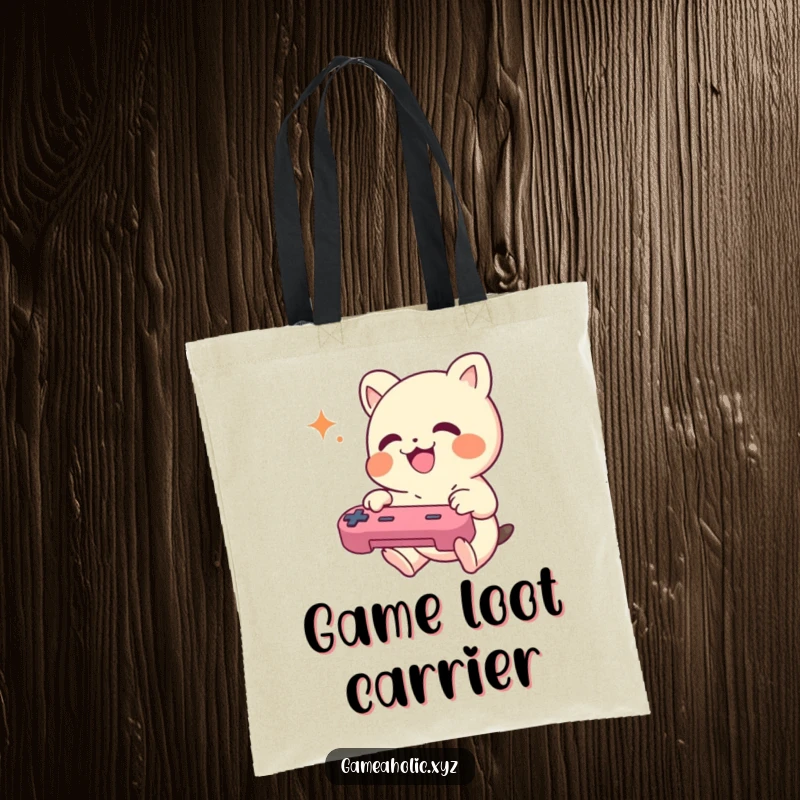 Funny Tote Bag showcasing a small creature enthusiastically mashing game controller buttons with pure joy.