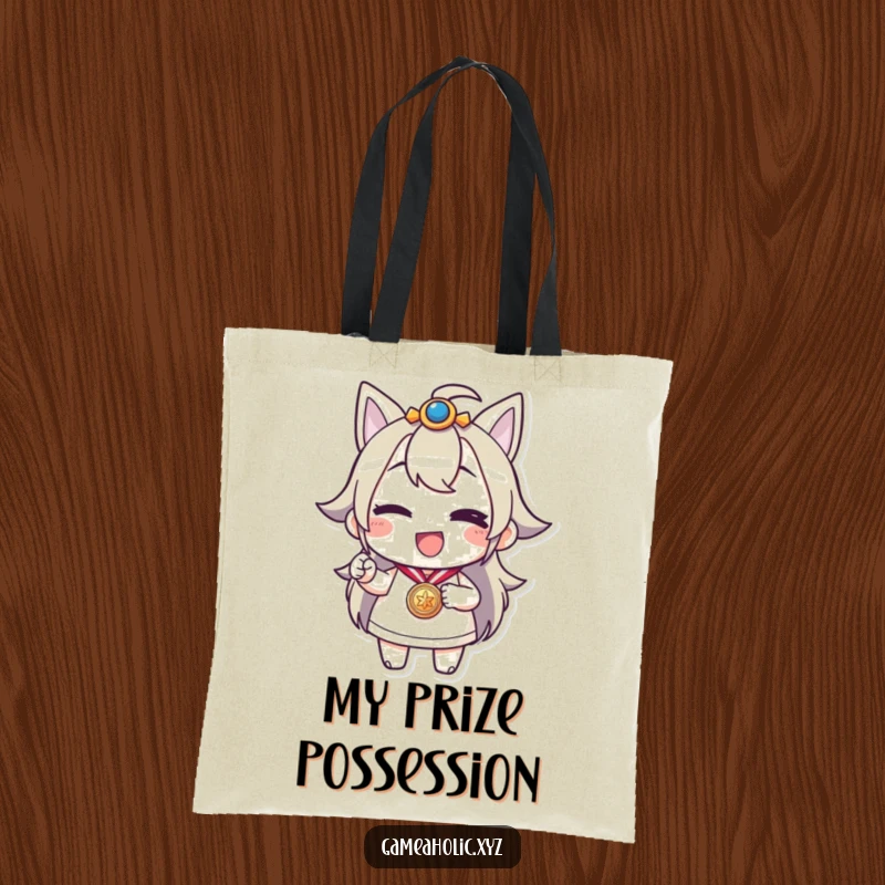 Funny tote bag featuring a smiling character winking and holding a medal, ideal for carrying items with a touch of victory.