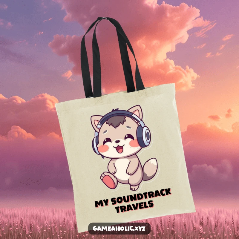 Funny music animal tote bag with a cheerful character wearing oversized headphones, tapping its foot to music, showcasing musical passion.