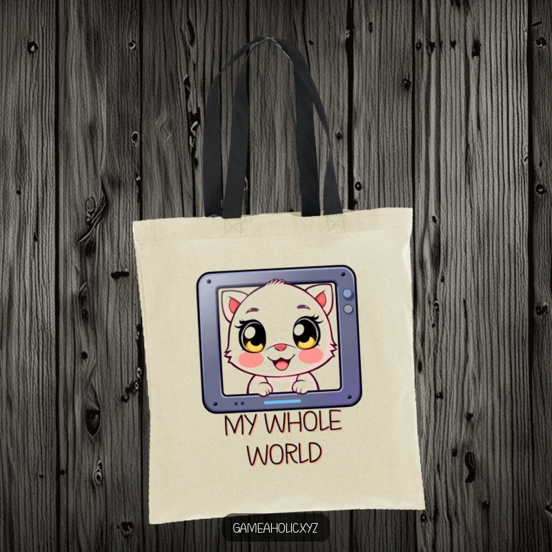 Funny Tote Bag: Creature with large, happy eyes, intensely looking at a screen, a perfect gamer tote.