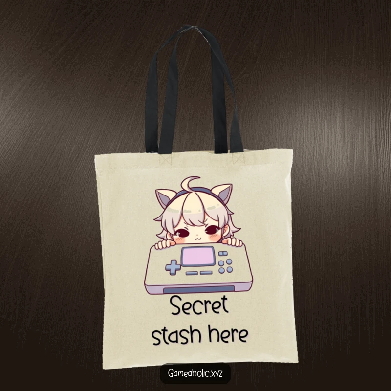 Funny tote bag with a character peeking over a large console with a mischievous smirk, ideal for carrying gaming supplies.